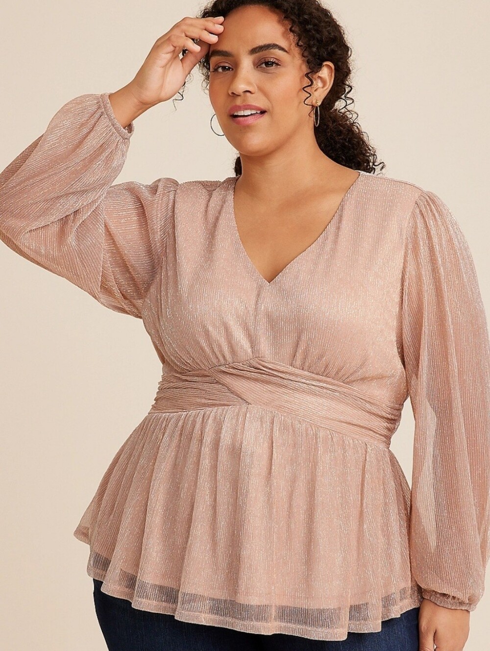 NWT Maurices Women's Lurex Peplum Top Rose Gold Sheer Shimmer Top Size 0X